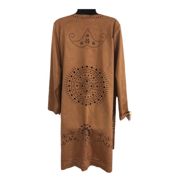 Brown boho laser cut faux suede overcoat topper jacket‎ size large new - Picture 14 of 17